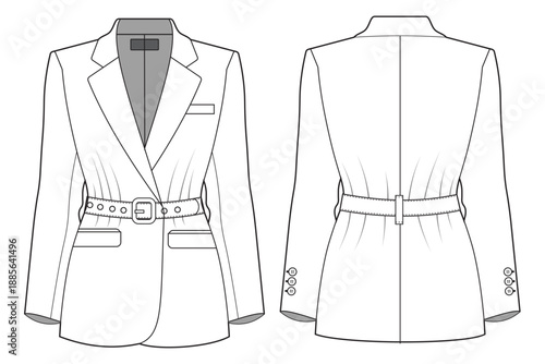 Modern blazer template. Woman  tailored blazer, flat sketch technical CAD drawing blazer illustration and mockup. woman belt blazer template.