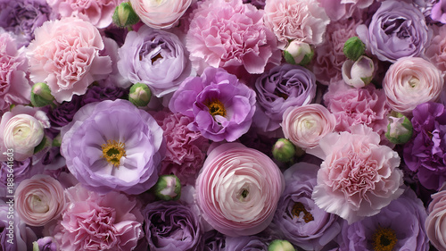 バラ、カーネーションとラナンキュラスのフェミニンな背景｜パープル（ピンク寄り）