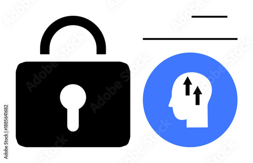 Data security concept. Data security ed by a padlock for protection and a head with arrows knowledge growth. Data security for technology, personal safety, online privacy, digital transformation