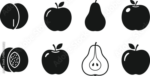 Apple pear and peach fruit icons, black silhouette food symbols, fresh healthy nutrition illustration, minimal vector set, isolated on white
