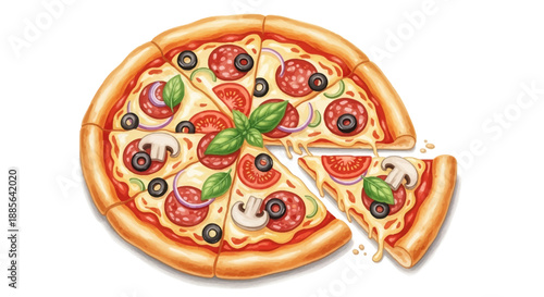 Delicious Pizza with Toppings and Basil Leaves on a White Background Illustration