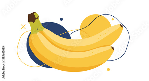 Stylish illustration of three ripe yellow bananas arranged over a background of abstract blue circles and yellow lines.