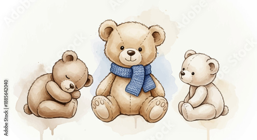 Three teddy bears sitting together, one wearing a blue scarf, illustration, whimsical scene, gentle atmosphere, tender friendship, vector art