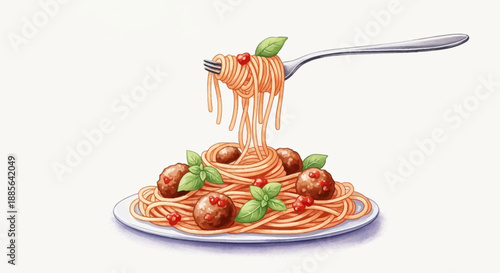 Fork lifting spaghetti with meatballs and basil leaves from a plate of pasta