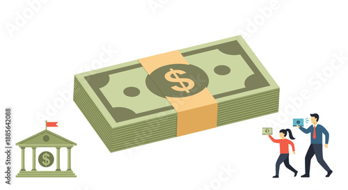 Financial concept illustration showing a large stack of cash bills, a bank building, and people managing their money.