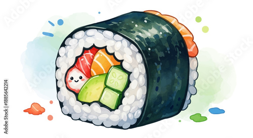Sushi roll with salmon, avocado, and cucumber filling, side view, illustration style, vibrant colors, and playful design