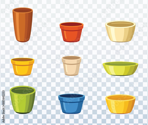 Set of colorful flower pots and planters isolated on transparent background. Vector illustration collection of empty gardening containers including terracotta, ceramic and plastic styles