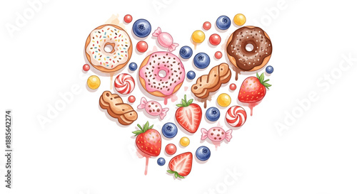 Assorted donuts and strawberries forming a heart shape surrounded by candies and blueberries, a colorful and sweet illustration