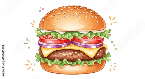 A vibrant illustration of a cheeseburger on a clean white background from a direct viewpoint Whisk_59b0ddd163d7e329f1141200b91054a8dr.eps