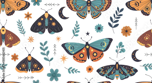 Seamless pattern with mystical celestial moths and butterflies, decorated with moons, stars, and botanical elements.