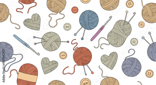 Seamless pattern with hand-drawn yarn balls, crochet hooks, and buttons for a cozy knitting and craft background.