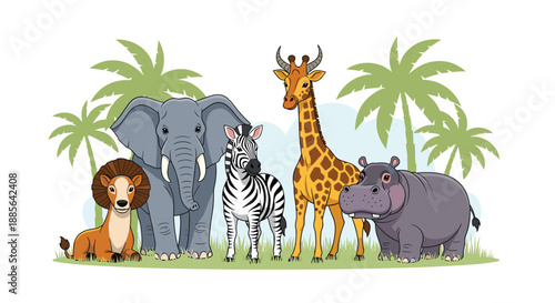 Group of cute cartoon safari animals including a lion, elephant, giraffe, zebra, and hippo standing in the savanna.