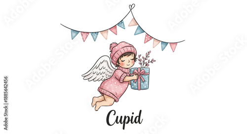 A whimsical illustration of Cupid flying with a gift under a festive bunting, symbolizing love and affection in a celebratory atmosphere.