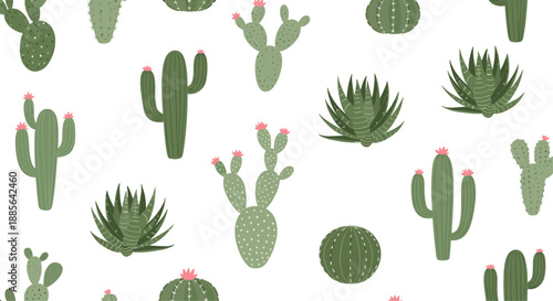 Seamless pattern with various types of green cacti and succulent plants with pink flowers on a white background.