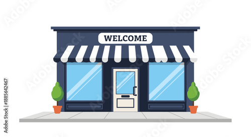 Simple flat design illustration of a store front with a 'Welcome' sign, striped awning, and large display windows.