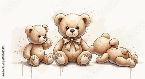 Three beige teddy bears sitting and lying on a white wooden floor, viewed from the front