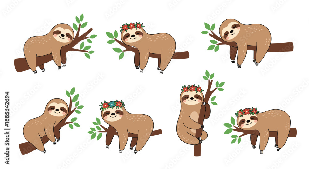 Fototapeta premium Adorable collection of cute cartoon sloths in various sleeping and hanging poses on tree branches, some with flowers.
