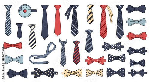 Large collection of colorful hand-drawn neckties and bow ties with various patterns like stripes and polka dots.