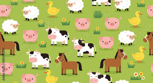 Adorable seamless pattern with cute cartoon farm animals like pigs, cows, sheep, and horses on a green pasture.