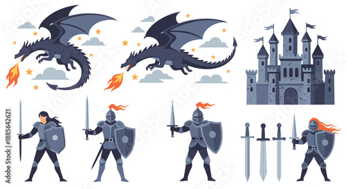 Medieval fantasy collection featuring fire-breathing dragons, brave knights in armor with swords, and a majestic castle.