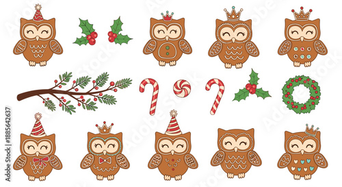 Adorable Christmas collection of cute gingerbread owl cookies with festive decorations like candy canes and holly leaves.