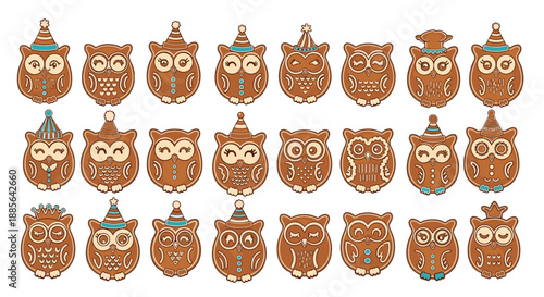 A large and delightful collection of decorated gingerbread owl cookies, perfect for holiday baking and Christmas treats.