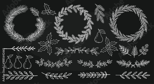 Festive collection of hand-drawn Christmas wreaths, holly, and decorations in a white chalk style on a dark chalkboard.