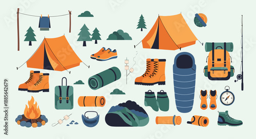 Large collection of colorful icons and equipment for camping, hiking, and outdoor adventures, including tents and backpacks.