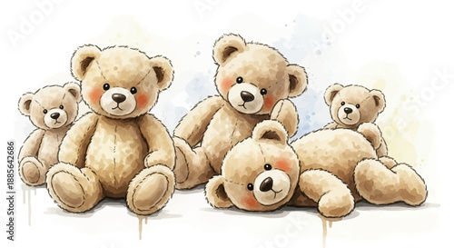 Teddy bears grouped together in a playful pile, showcasing cuddly friendship and innocence from a child's viewpoint