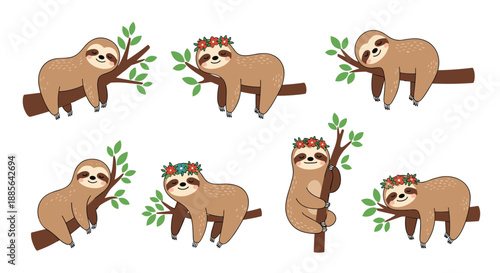Adorable collection of cute cartoon sloths in various sleeping and hanging poses on tree branches, some with flowers.