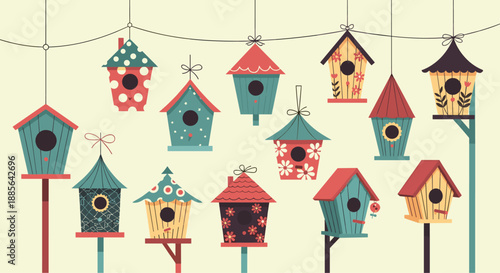 Whimsical collection of colorful and decorative wooden birdhouses in various shapes and patterns hanging or on poles.