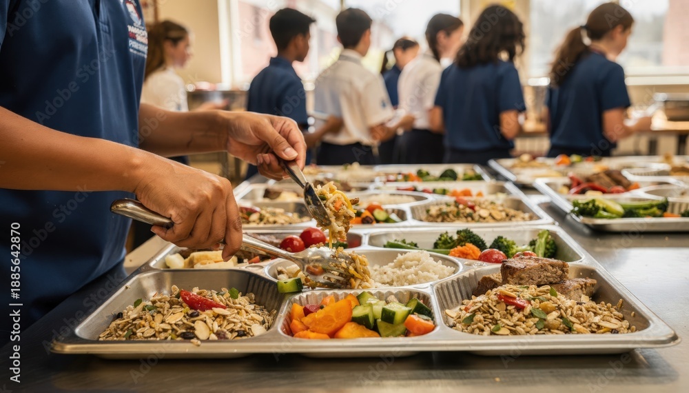 Obraz premium Closeup of hands preparing balanced meal portions in a school cafeteria with trays and busy students softly blurred around.
