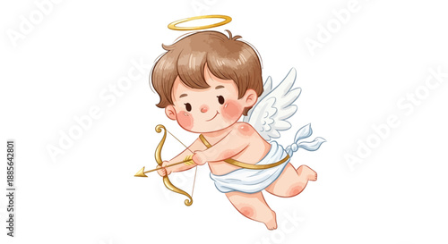 Illustration of a cherubic angel shooting a bow and arrow, surrounded by white space