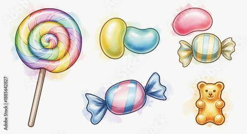 Colorful lollipop, candies, and teddy bear illustration on a clean background from a straightforward viewpoint.