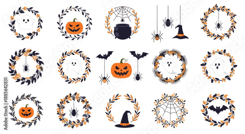 A festive collection of decorative Halloween wreaths featuring pumpkins, ghosts, spiders, bats, and other spooky elements.