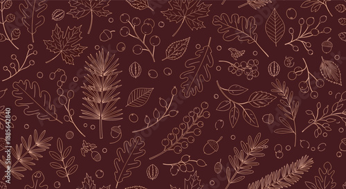 An elegant seamless pattern of delicate autumn leaves and berries in a rose gold outline style on a dark background.