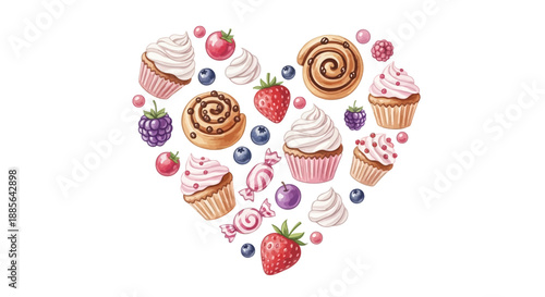 Assorted sweet treats arranged in a heart shape with fruits and berries, showcasing various pastries and desserts
