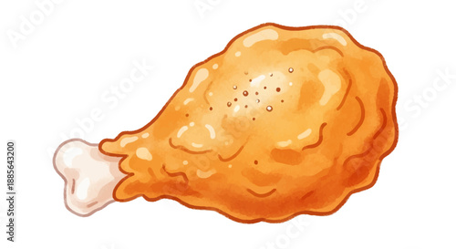 A juicy fried chicken leg with crispy skin and spices, viewed from the side, perfect for a meal or snack on a plain background.