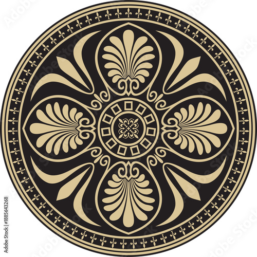 Vector gold-black colored round ornament of ancient Greece. Classic circle pattern of the Roman Empire