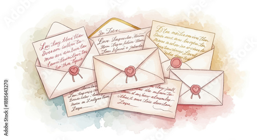 A collection of vintage envelopes and letters scattered on a surface viewed from above