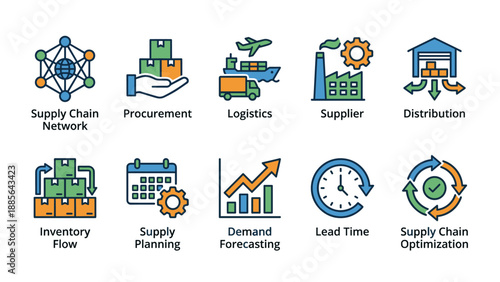 Supply chain icons. Logistics network procurement symbols. Global distribution supplier warehouse inventory flow. Shipping business planning. Optimization demand forecasting vector.