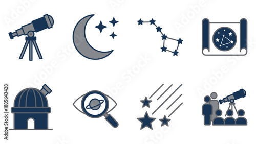 Astronomy icons. Telescope stargazing symbols. Night sky constellation star chart observatory planet. Space exploration science equipment. Cosmos universe galaxy. Meteor sign.