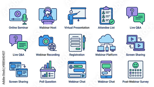 Webinar icons set. Online seminar. Business virtual presentation. Attendee list. Live Q&A chat. Screen sharing. Video conference. Digital meeting. Cloud recording. Remote work.