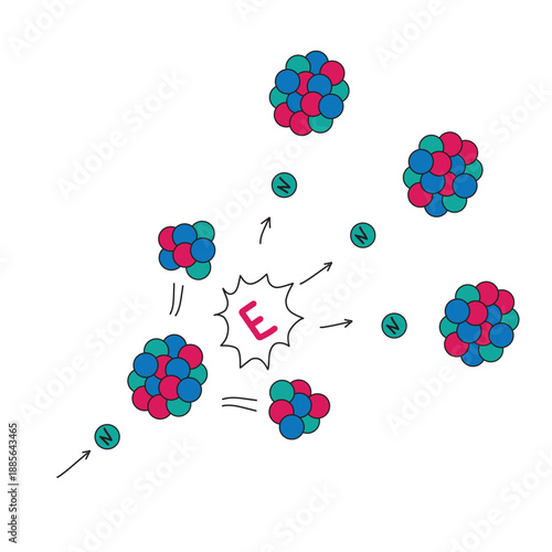 Nuclear Fission Process with Atomic Nuclei and Energy Release Flat Vector Illustration on White