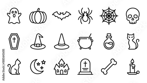 Halloween spooky line icon set. Minimalist vector collection featuring ghost, pumpkin, bat, spider, skull, witch hat, cauldron, black cat, haunted house, and candle. Outline stroke design.