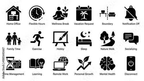 Work Life Balance Vector Icon Set with 18 Glyph Icons Illustrating Wellness, Remote Work, Flexible Hours, Mental Health, Exercise, Vacation, and Personal Growth Concepts