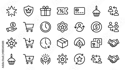Minimal line icon set for loyalty program concept including rewards points, tier badges, discount coupons, membership cards, gift boxes, shopping carts, referral program, and cashback symbols