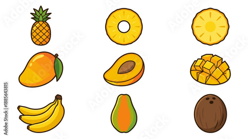 Tropical fruits vector icon set with pineapple, mango, banana, papaya, and coconut. Flat cartoon design, sliced and whole elements, isolated on white background, healthy summer food illustration