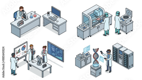 Isometric laboratory research scenes vector set with scientists working on DNA analysis, biotechnology experiments, lab automation, data analysis, and digital innovation in modern research facilities