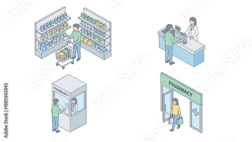 Isometric pharmacy scenes set. Vector illustration of people buying medicine, pharmacist consulting customers, pharmacy counter, shop shelves with drugs, and customers shopping in modern drugstore